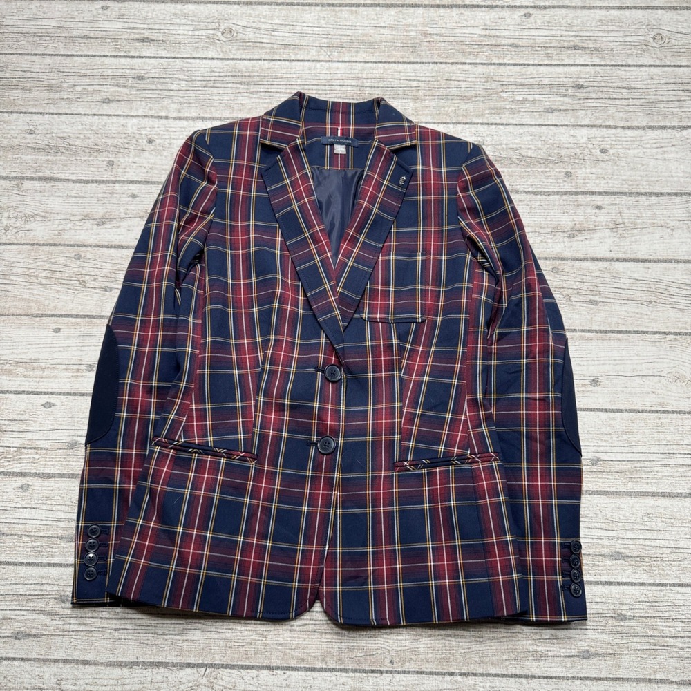 Tommy Hilfiger Blazer Women's 2 Red Blue Plaid Elbow Patches Tailored Two-Button